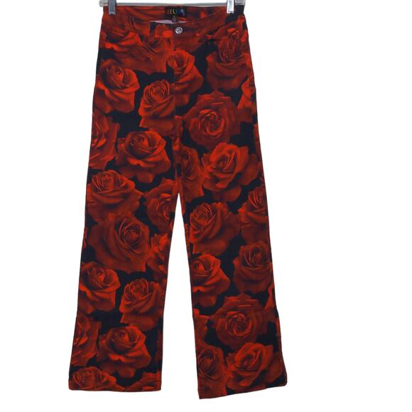 dELiA*s Dolls Kill Somebudy To Luv Wide Leg Jeans Flare Red Roses High Rise S - Picture 1 of 11
